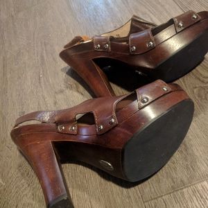 Frye wooden clog platform heels